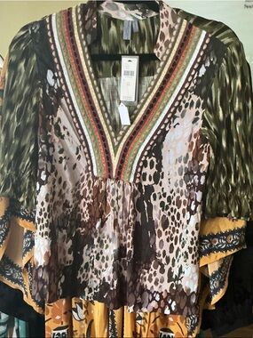 Mixed-Print V-Neck Boho Blouse in Olive & Mustard